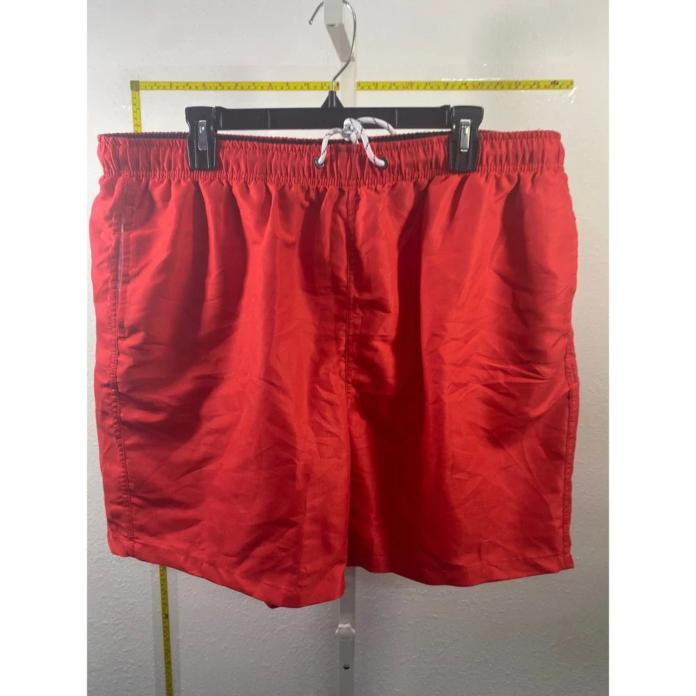 Mens Red Swim Trunks Elastic Waist‎ Drawstring Board Shorts Side Pockets XL